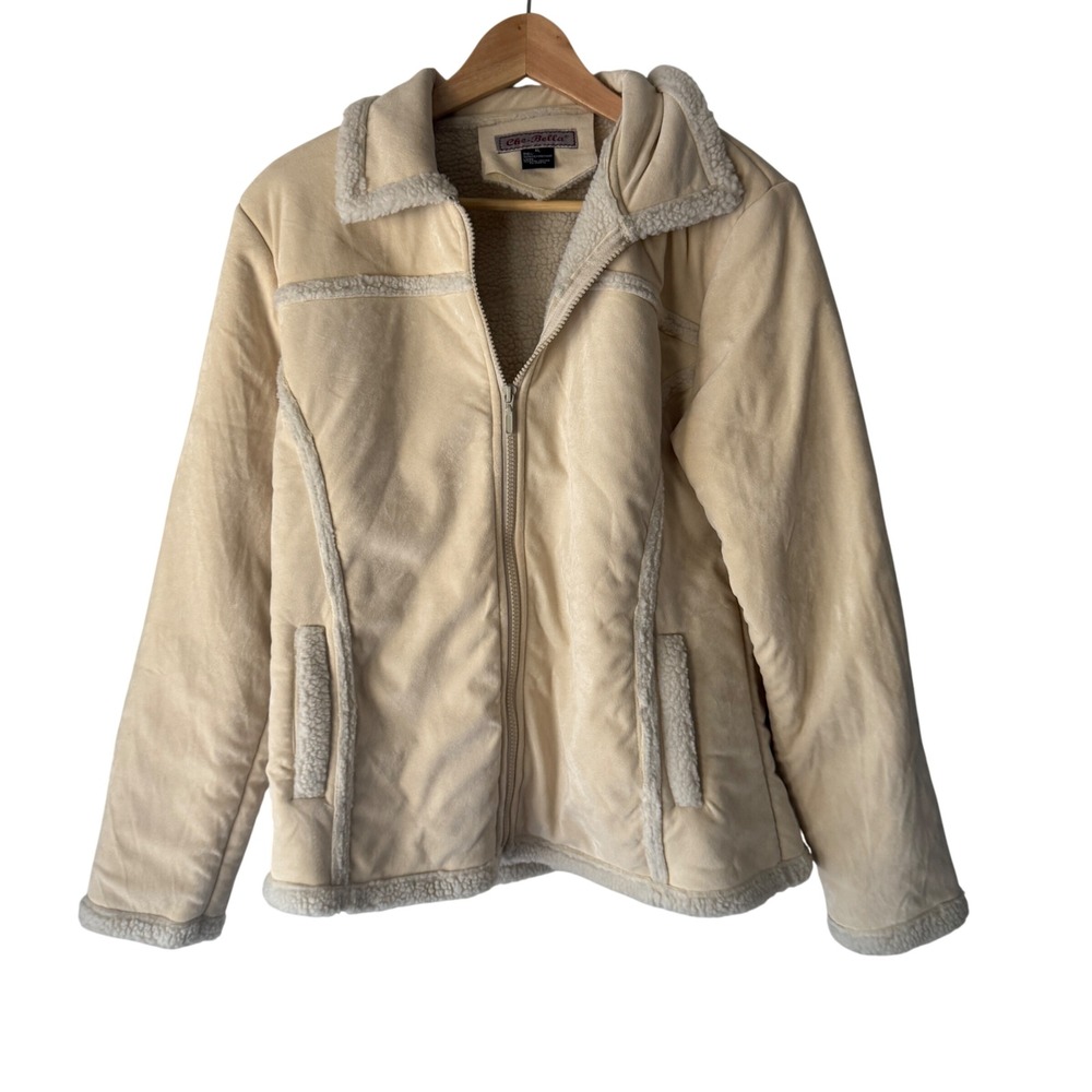 Che-Bella Y2k XL Cream Faux Suede Sherpa Trim Jacket Coat Full Zip Retro 70s‎